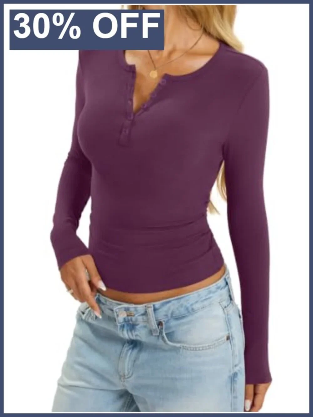 Womens Fitted Cotton Long Sleeve Henley Top V Neck Fall Tee
